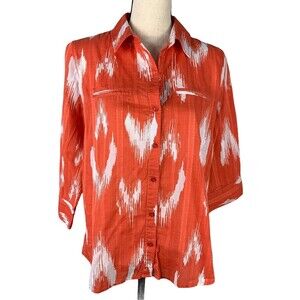 Chico's 1 Button Up Shirt Women Medium 3/4 Sleeve Orange & White Geo Print